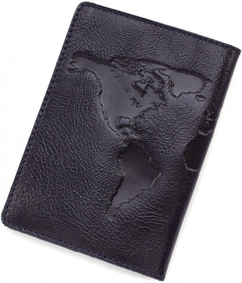 Кожаная обложка для паспорта темно-синего цвета с принтом ST Leather (16602)