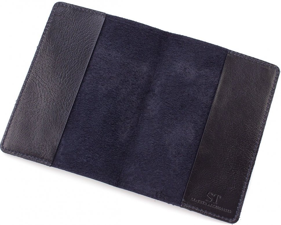 Кожаная обложка для паспорта темно-синего цвета с принтом ST Leather (16602)