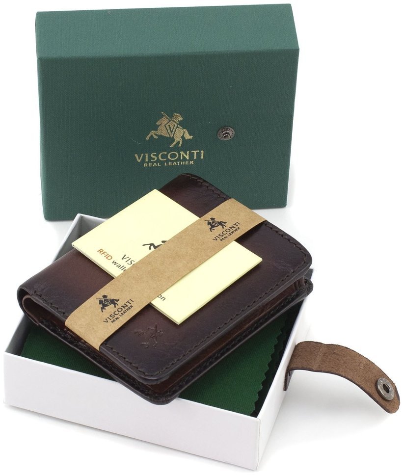 Миниатюрное мужское портмоне из натуральной кожи коричневого цвета без монетницы Visconti David 69134