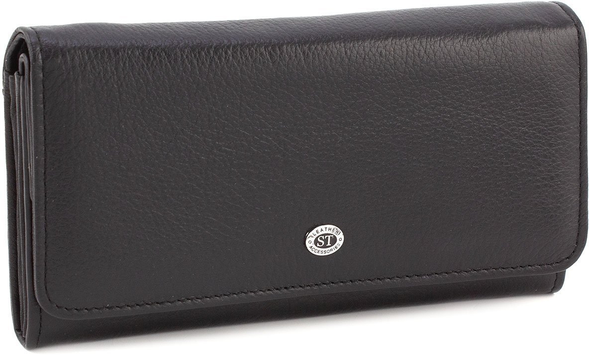 Класичний жіночий чорний гаманець під багато купюр з натуральної шкіри ST Leather (15401)