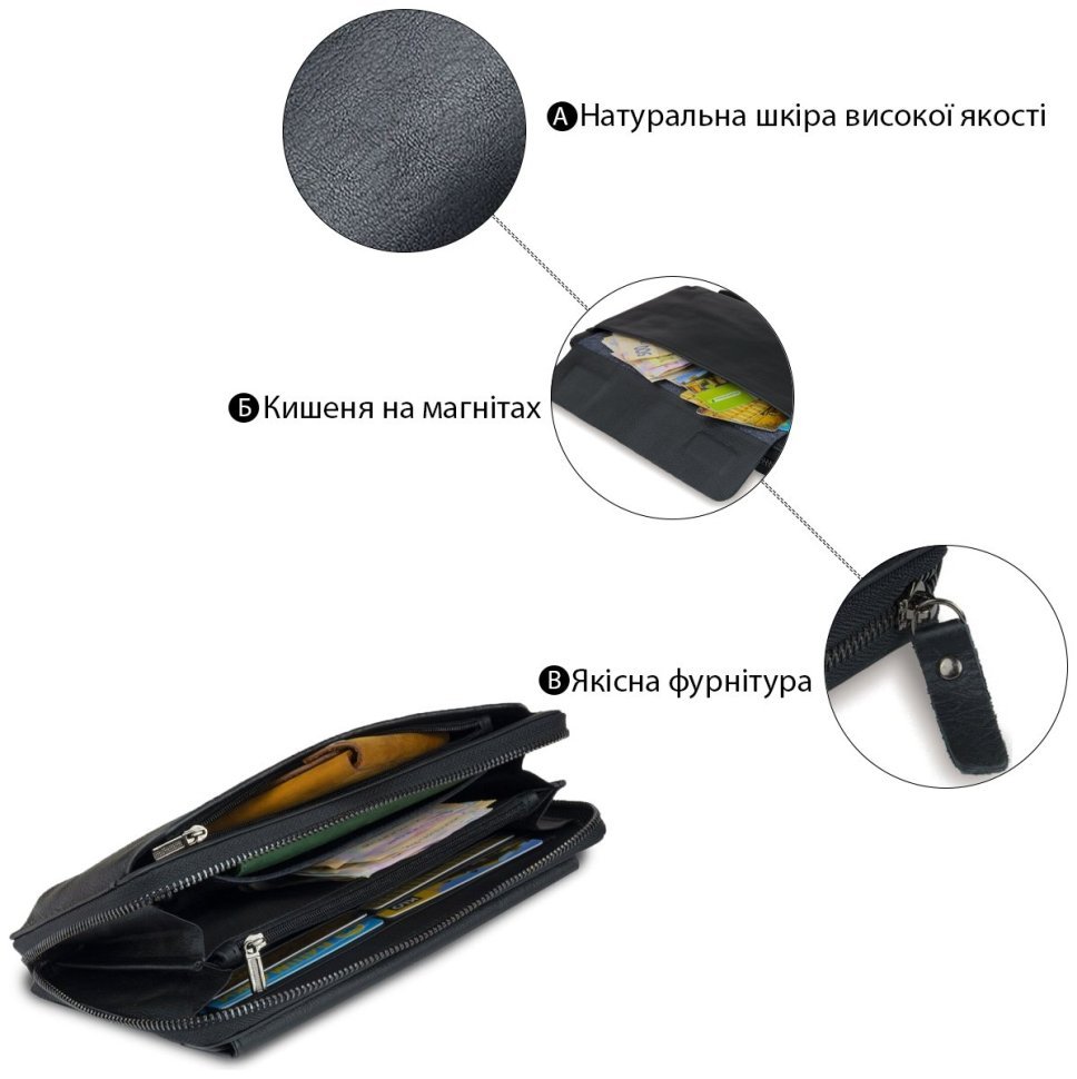 Чорний шкіряний клатч-барсетка з ремінцем на руку VINTAGE STYLE (14654) modnotak фото №14