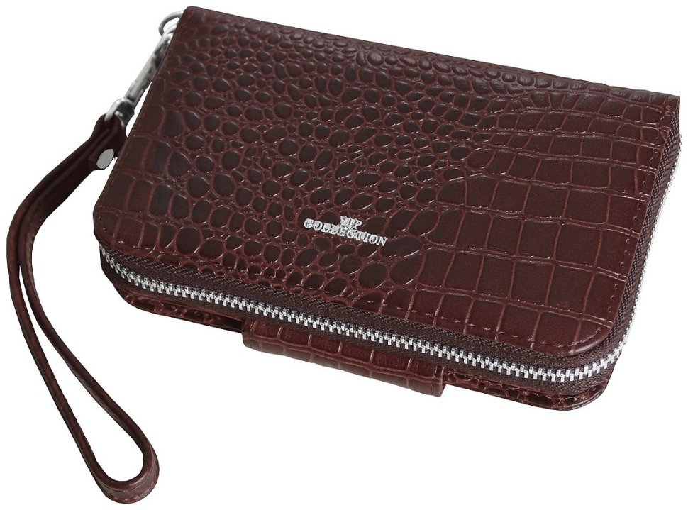 Коричневий гаманець із блоком для карт на кнопці з натуральної шкіри під крокодила з кистьовим ременем Vip Collection 102335 modnotak фото №1