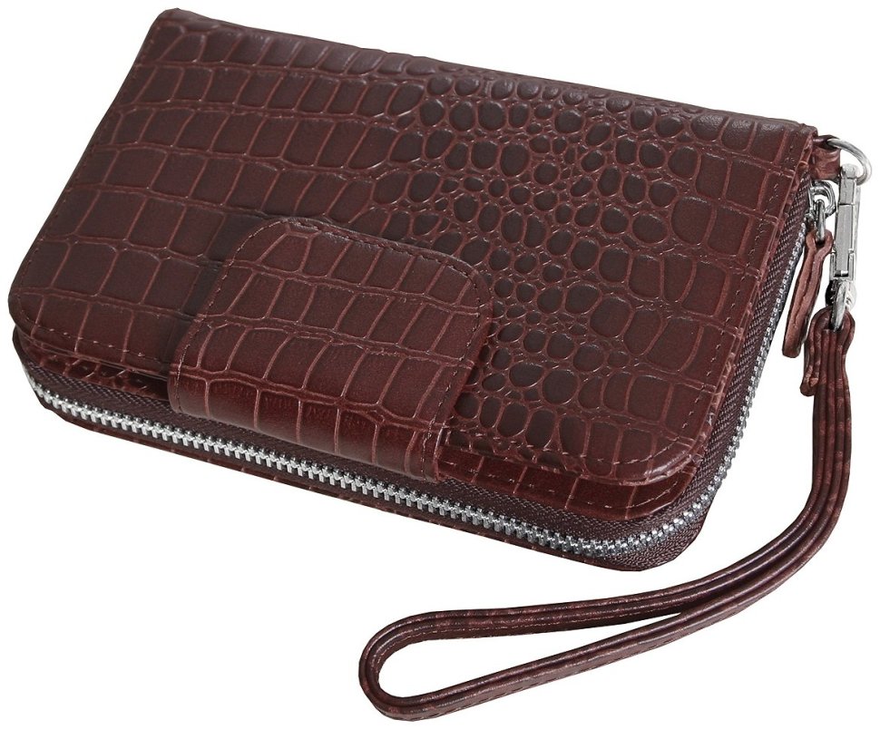 Коричневий гаманець із блоком для карт на кнопці з натуральної шкіри під крокодила з кистьовим ременем Vip Collection 102335 modnotak фото №2