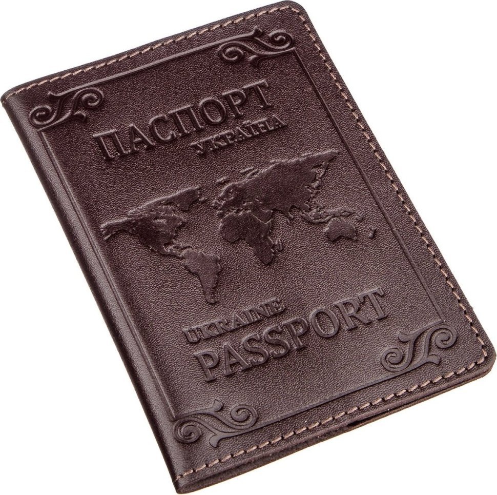 Шкіряна обкладинка на паспорт коричневого кольору з картою світу SHVIGEL (2413983)