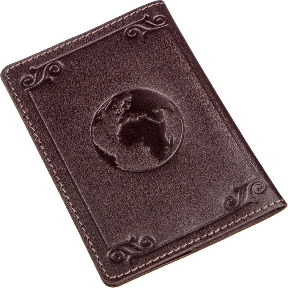 Кожаная обложка на паспорт коричневого цвета с картой мира SHVIGEL (2413983)