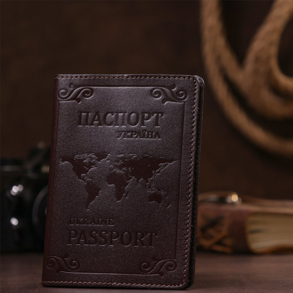Кожаная обложка на паспорт коричневого цвета с картой мира SHVIGEL (2413983)