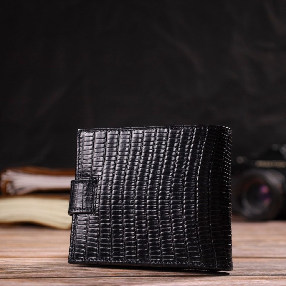 Лаковое горизонтальное мужское портмоне черного цвета из натуральной кожи с тиснением CANPELLINI (2421771)