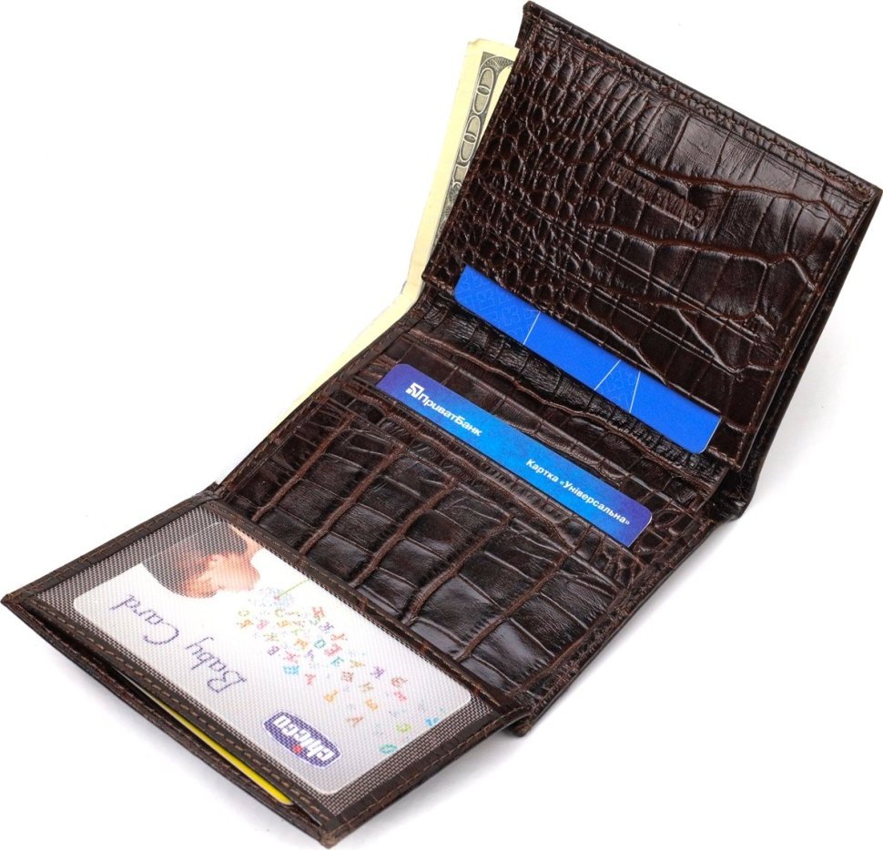 Коричневий чоловічий гаманець із натуральної шкіри з тисненням під крокодила CANPELLINI (2421871)