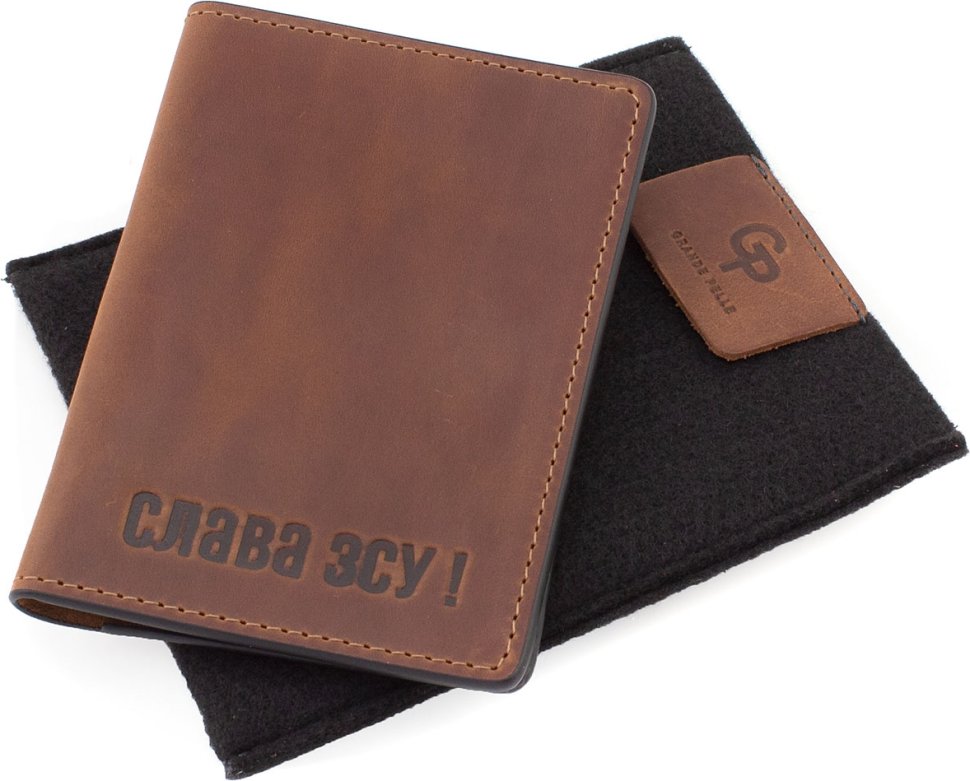 Коричневая обложка для военного билета из винтажной кожи с надписью Слава ЗСУ - Grande Pelle (13288) modnotak фото №9