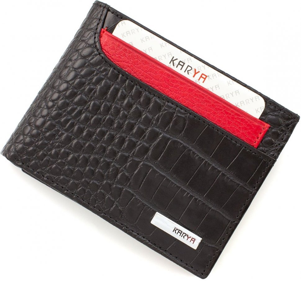Чорний чоловічий гаманець із натуральної шкіри з червоними ставками KARYA (19893)