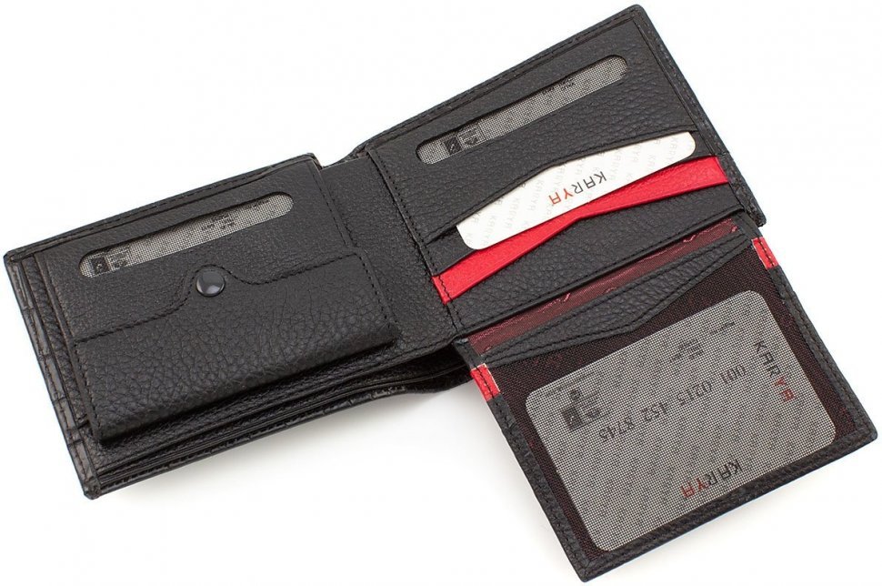 Чорний чоловічий гаманець із натуральної шкіри з червоними ставками KARYA (19893)