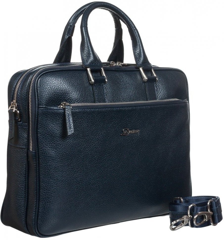 Темно-синяя мужская сумка портфель из натуральной кожи на две молнии DESISAN (19106)