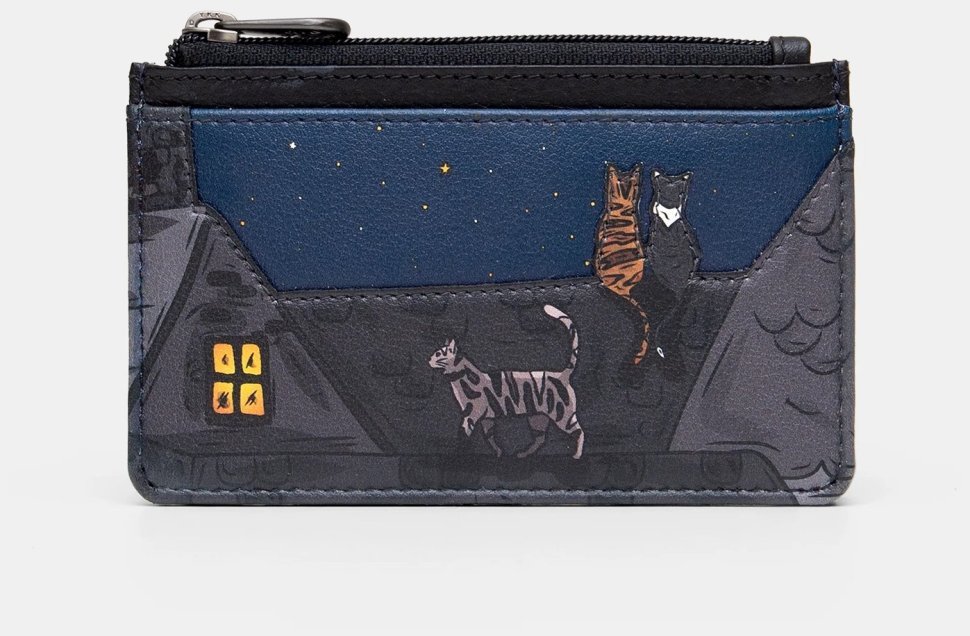 Женский кардхолдер из фактурной кожи с принтом "Коты на крыше" Yoshi Y1219 NTCT 94935 черно-чинего цвета modnotak фото №1