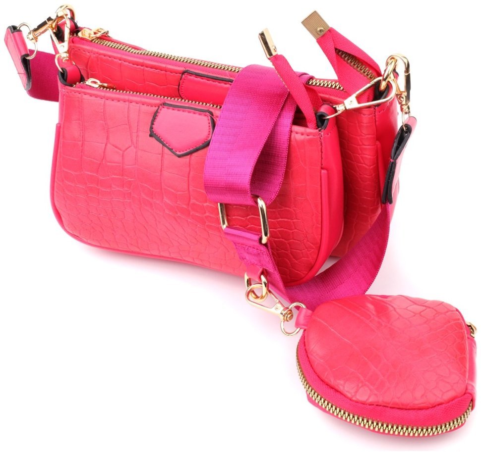 Повседневная женская сумка-клатч из кожзама со съёмной монетницей и текстильным ремешком Vintage розового цвета 96935 modnotak фото №1