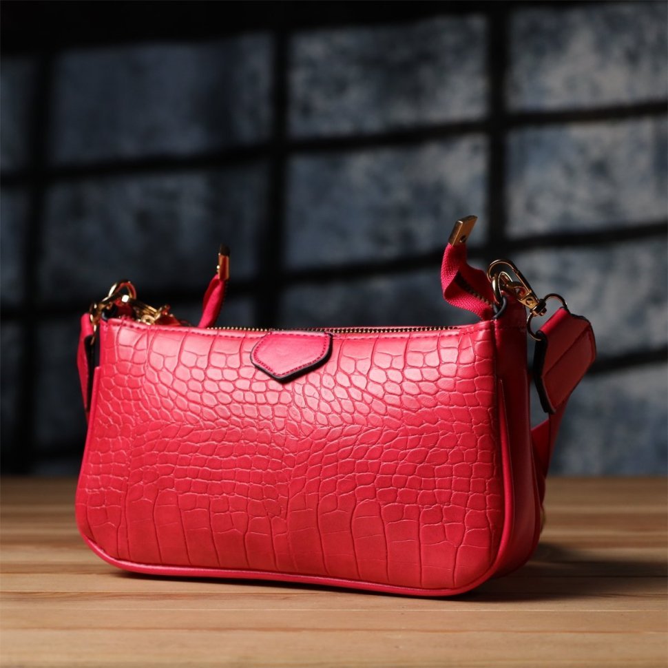 Повседневная женская сумка-клатч из кожзама со съёмной монетницей и текстильным ремешком Vintage розового цвета 96935 modnotak фото №8