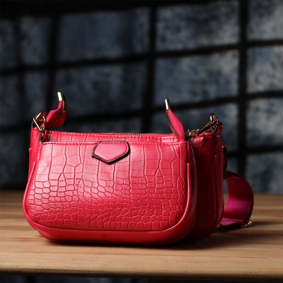 Повседневная женская сумка-клатч из кожзама со съёмной монетницей и текстильным ремешком Vintage розового цвета 96935 modnotak фото №9