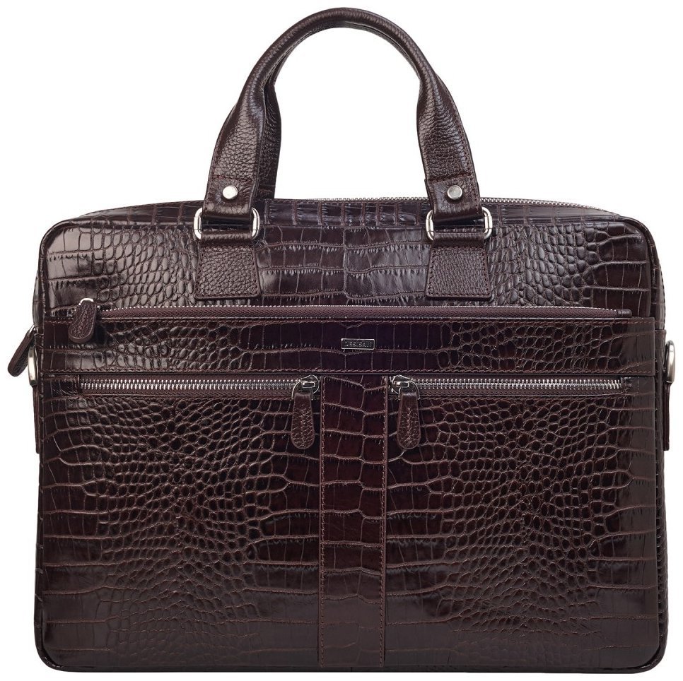 Деловой кожаный портфель под фактуру крокодила коричневого цвета Desisan 107235 через плечо с ручками modnotak фото №1