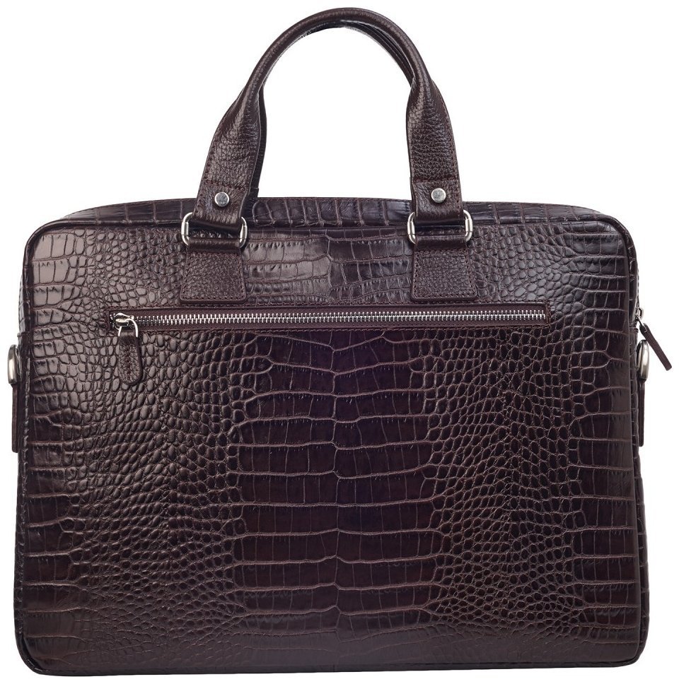 Деловой кожаный портфель под фактуру крокодила коричневого цвета Desisan 107235 через плечо с ручками modnotak фото №2