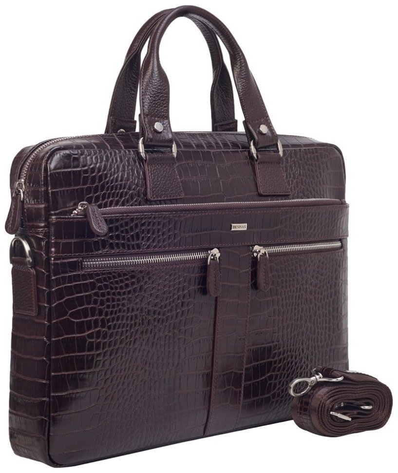 Деловой кожаный портфель под фактуру крокодила коричневого цвета Desisan 107235 через плечо с ручками modnotak фото №3