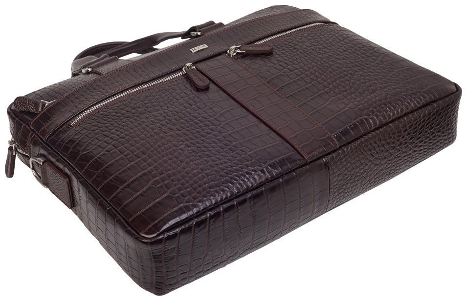 Деловой кожаный портфель под фактуру крокодила коричневого цвета Desisan 107235 через плечо с ручками modnotak фото №5