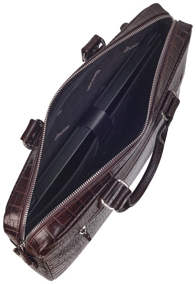 Деловой кожаный портфель под фактуру крокодила коричневого цвета Desisan 107235 через плечо с ручками modnotak фото №7