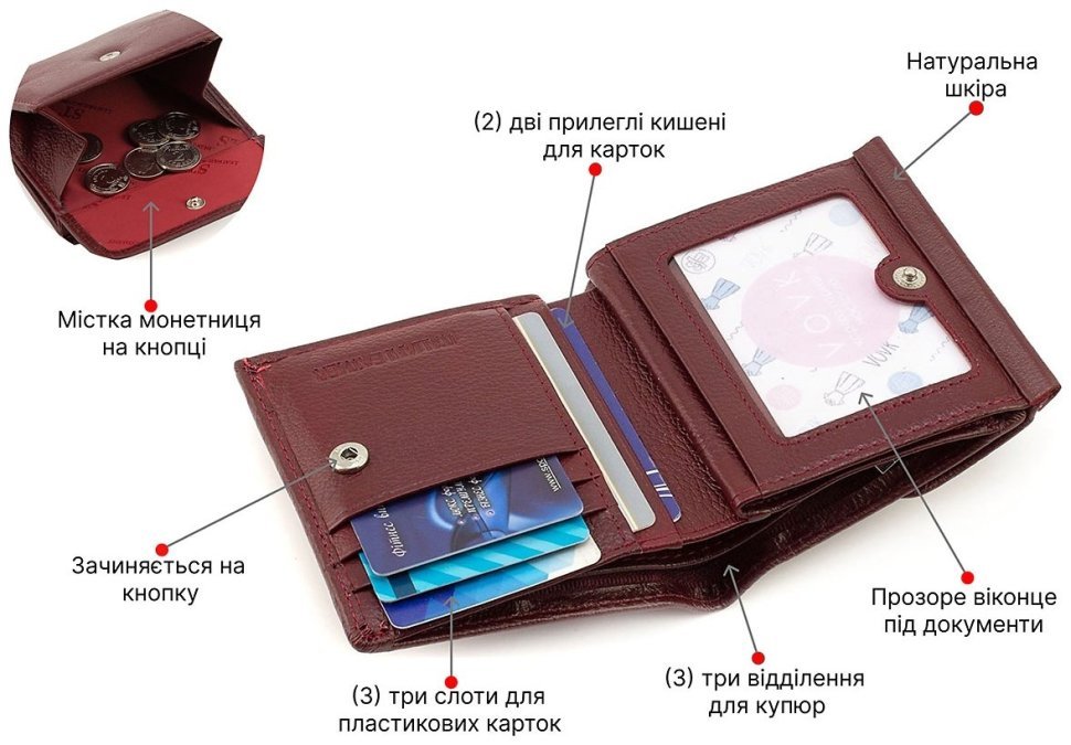 Шкіряний бордовий жіночий гаманець з монетницею ST Leather 1767335 modnotak фото №4