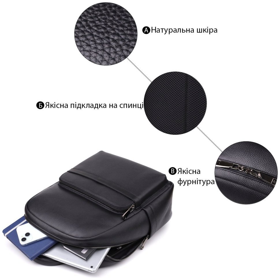 Городской мужской рюкзак из натуральной фактурной кожи черного цвета Vintage 97835 modnotak фото №4