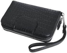 Портмоне зі шкіри під крокодила з кистьовим ремінцем та додатковим блоком для карт Vip Collection 102336 чорного кольору