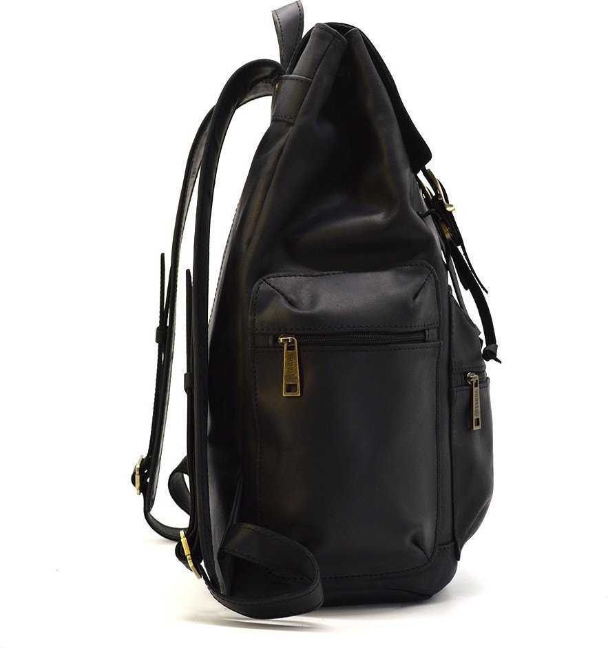 Чорний міський рюкзак великого розміру з натуральної шкіри з клапаном TARWA (19804)