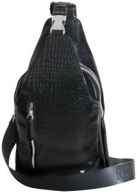 Повседневная мужская сумка слинг из кожи с тиснением под крокодила Vip Collection 102636 черного цвета