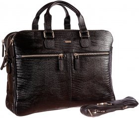Ділова сумка чорного кольору з натуральної шкіри з тисненням під змію Desisan (912-143) - 2