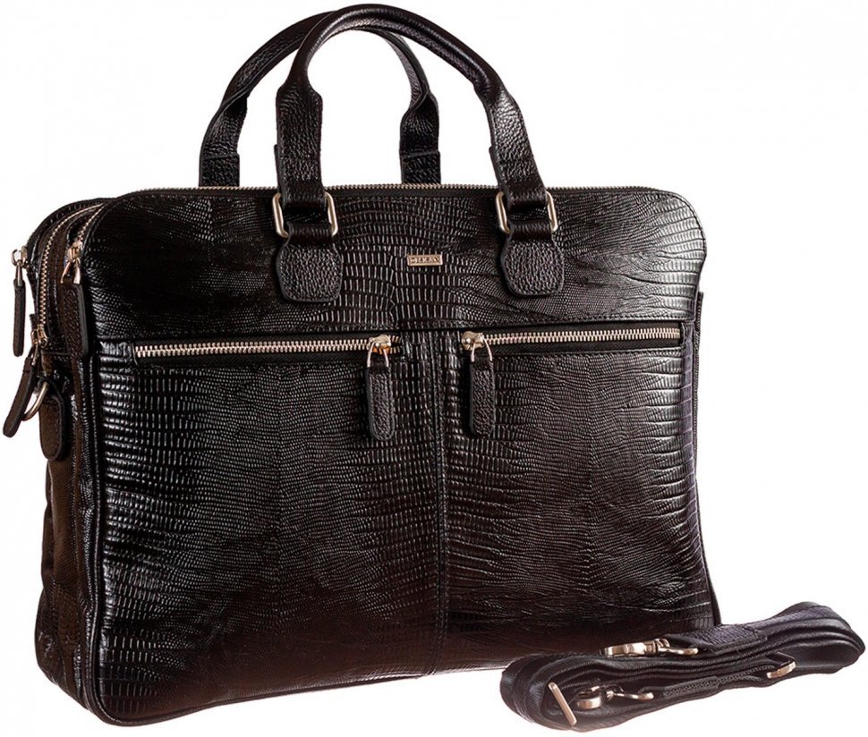 Ділова сумка чорного кольору з натуральної шкіри з тисненням під змію Desisan (912-143)