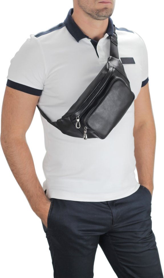 Мужская сумка на пояс из натуральной кожи черного цвета Tiding Bag (21254)