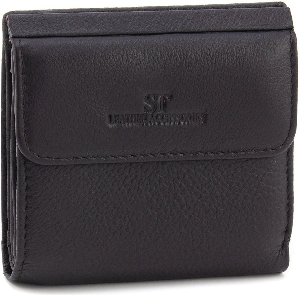 Маленький женский кошелек из натуральной кожи черного цвета с монетницей ST Leather 1767336