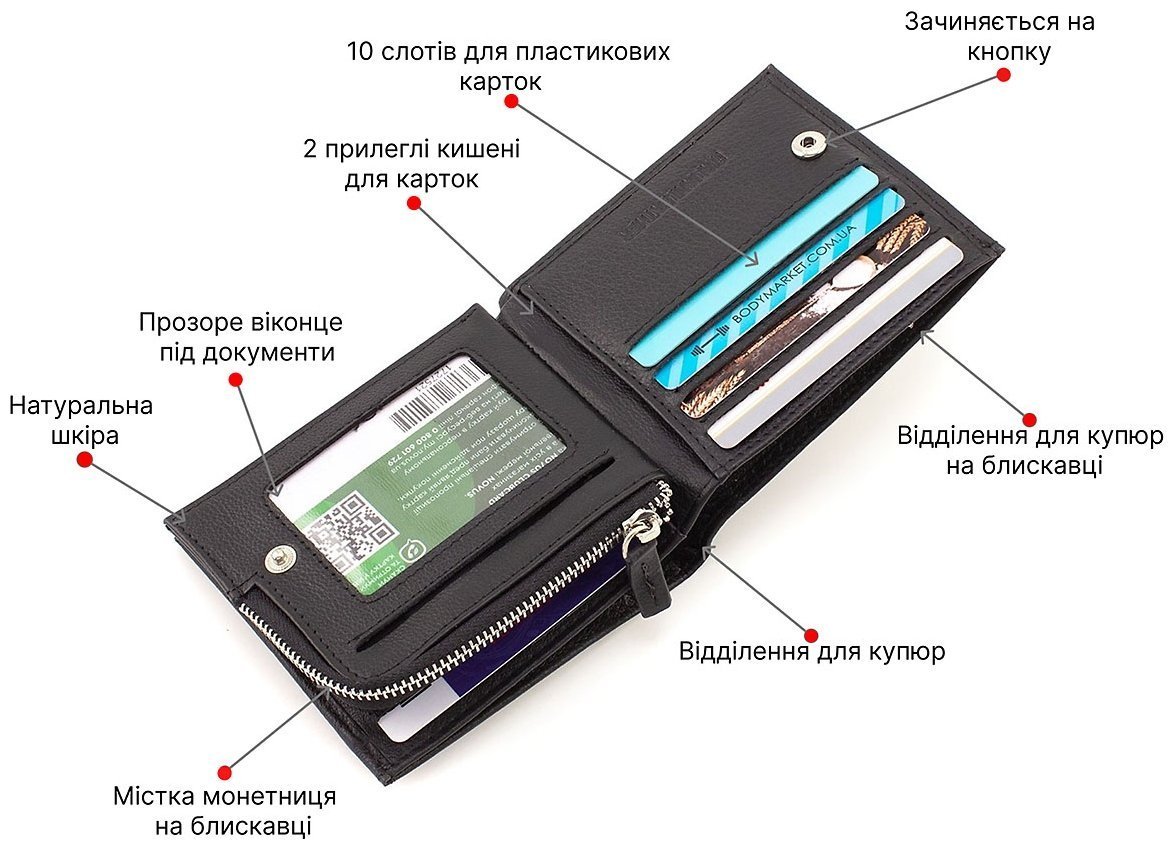 Мужское портмоне из натуральной черной кожи с монетницей ST