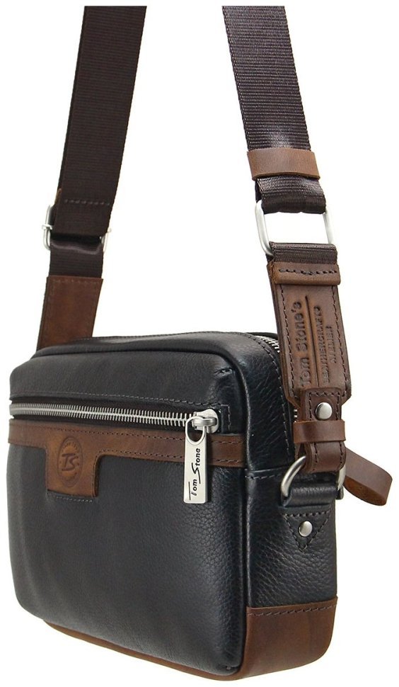 Черно-коричневая мужская плечевая сумка из натуральной кожи Tom Stone 77736