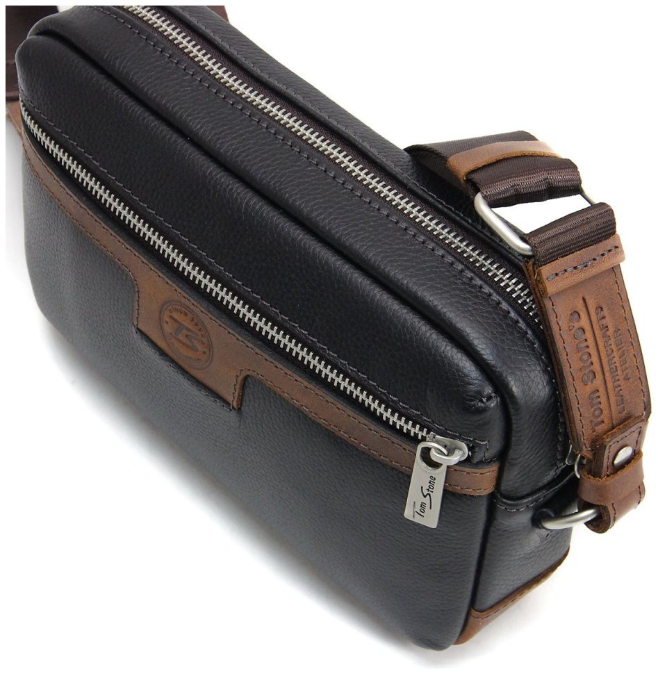 Черно-коричневая мужская плечевая сумка из натуральной кожи Tom Stone 77736