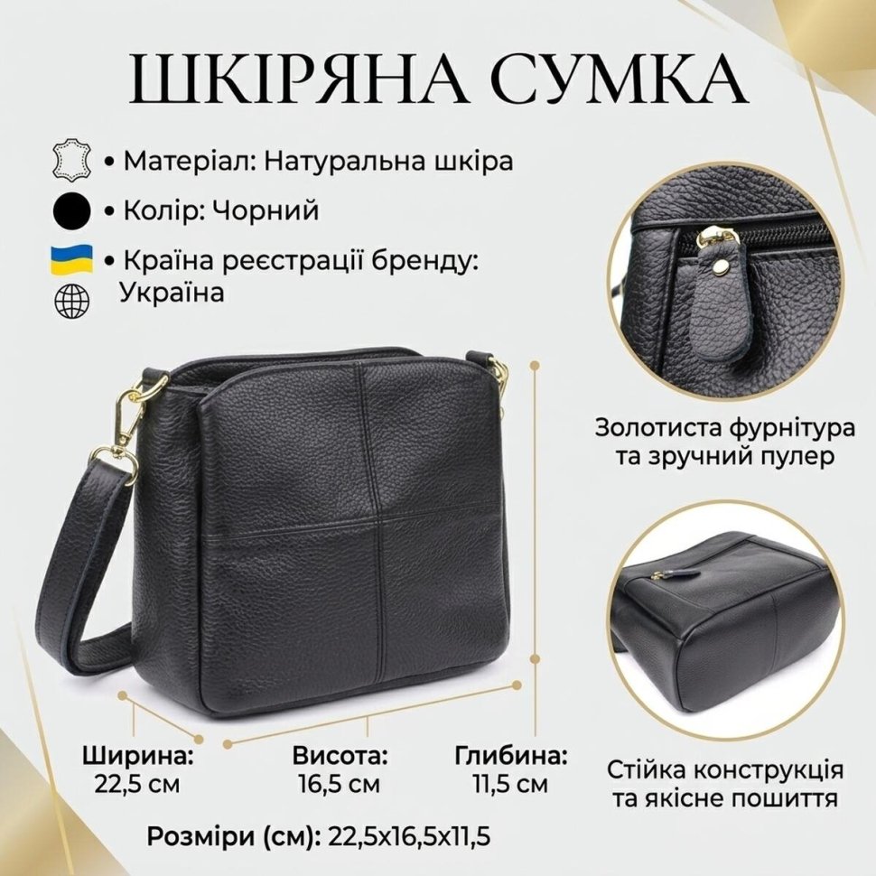 Классическая женская сумка из натуральной фактурной кожи черного цвета через плечо Vintage 98136 фото №12 Классическая женская сумка из натуральной фактурной кожи черного цвета через плечо Vintage 98136 modnotak фото №12