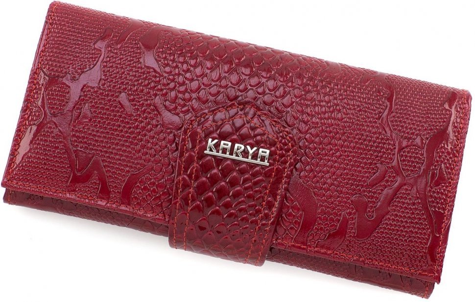 Добротный женский кошелек красного цвета из натуральной кожи с тисненным узором KARYA (15504)