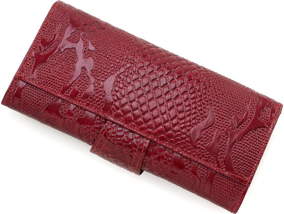 Добротний жіночий гаманець червоного кольору з натуральної шкіри з тисненим візерунком KARYA (15504)