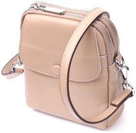 Вертикальна жіноча сумочка на плече з натуральної шкіри бежевого кольору на дві блискавки Vintage 2422400