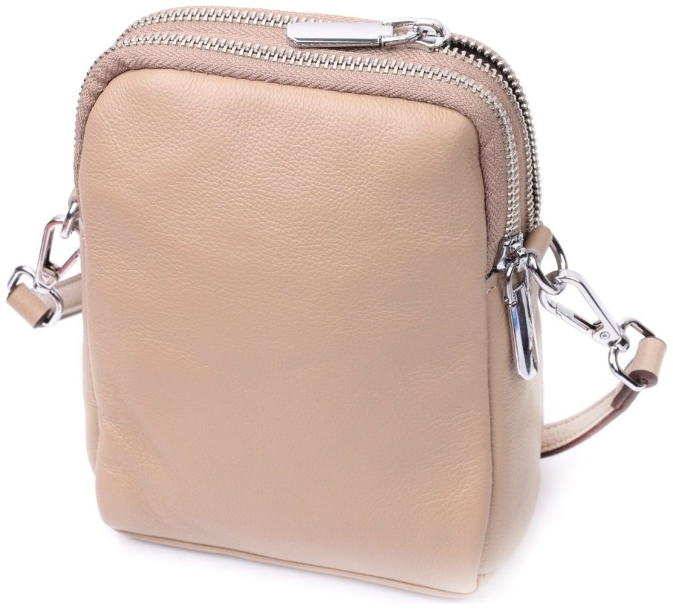 Вертикальная женская сумочка на плечо из натуральной кожи бежевого цвета на две молнии Vintage 2422400