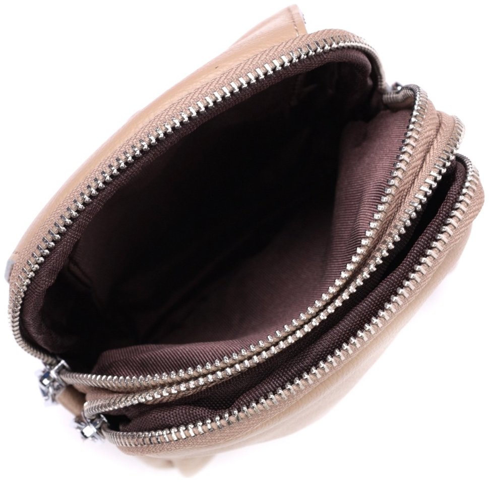 Вертикальная женская сумочка на плечо из натуральной кожи бежевого цвета на две молнии Vintage 2422400