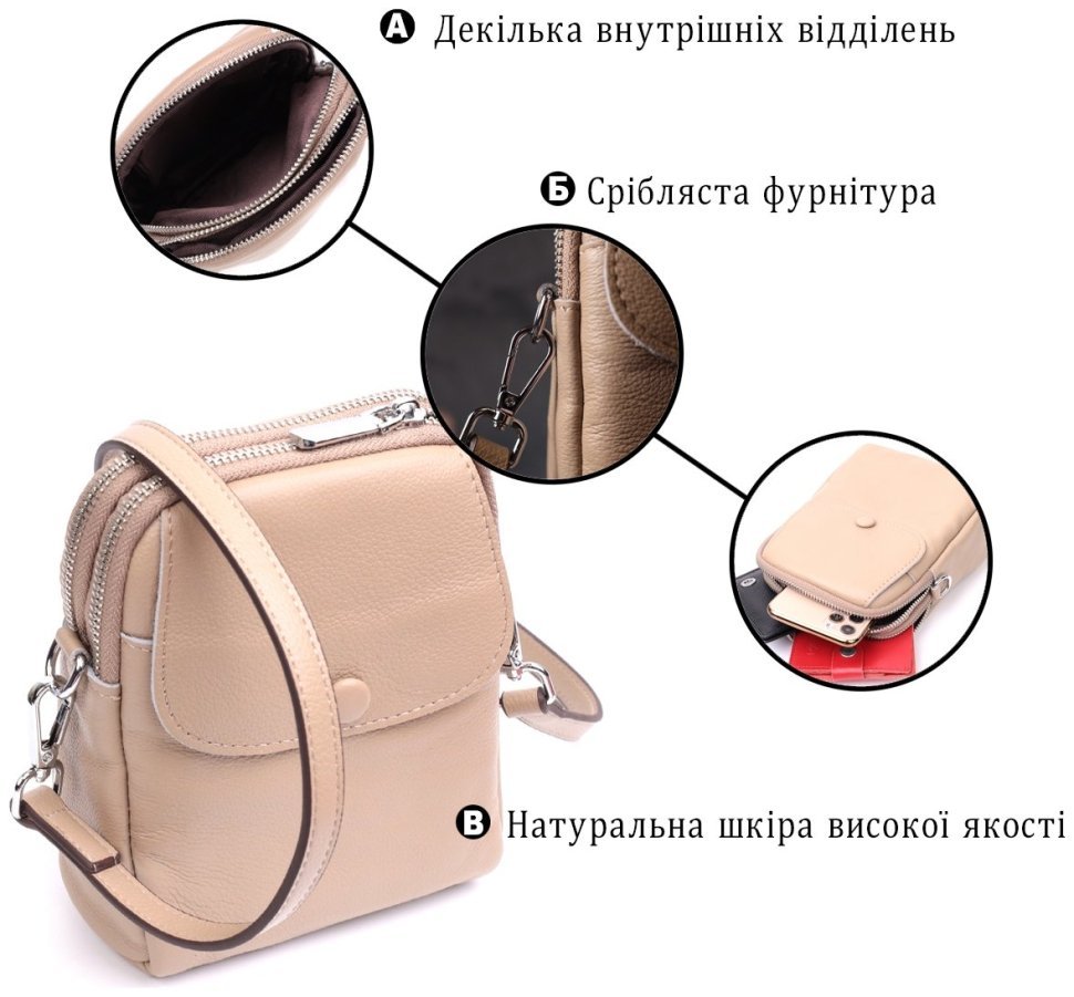 Вертикальная женская сумочка на плечо из натуральной кожи бежевого цвета на две молнии Vintage 2422400 фото №11 Вертикальная женская сумочка на плечо из натуральной кожи бежевого цвета на две молнии Vintage 2422400 modnotak фото №11