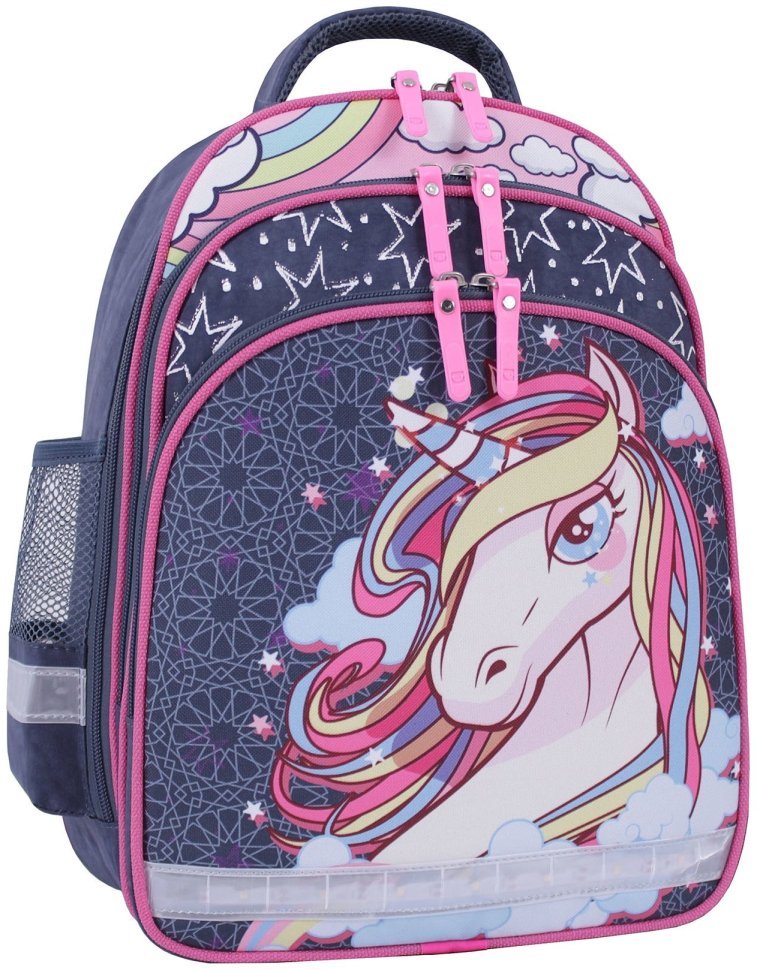 Рюкзак серого цвета школьный для девочки с принтом единорожки Bagland 111137 modnotak фото №1
