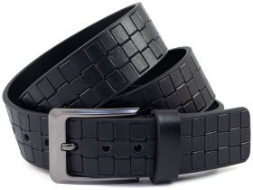 Широкий мужской джинсовый ремень из итальянской кожи с тиснением квадратов Gherardini 45057 черного цвета