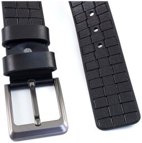 Широкий мужской джинсовый ремень из итальянской кожи с тиснением квадратов Gherardini 45057 черного цвета