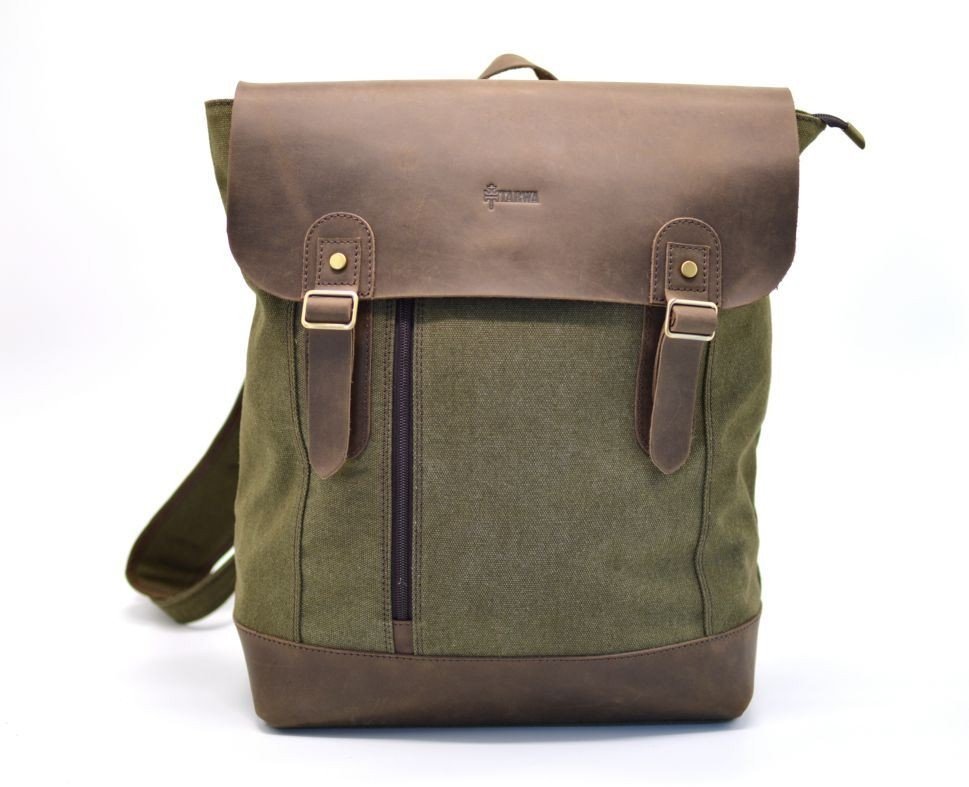 Зеленый городской рюкзак из текстиля с кожаным клапаном TARWA (19923)