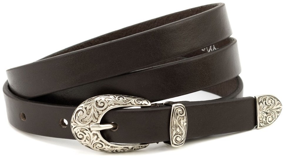 Красивий вузький жіночий італійський шкіряний ремінь із пряжкою з візерунками Gherardini 20105 темно-коричневий modnotak фото №1