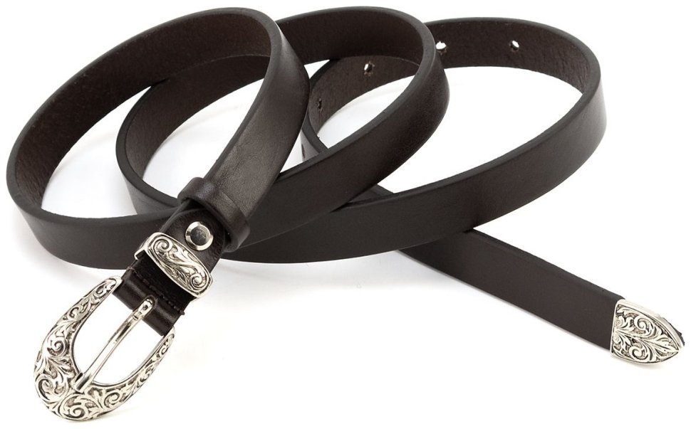 Красивий вузький жіночий італійський шкіряний ремінь із пряжкою з візерунками Gherardini 20105 темно-коричневий modnotak фото №4